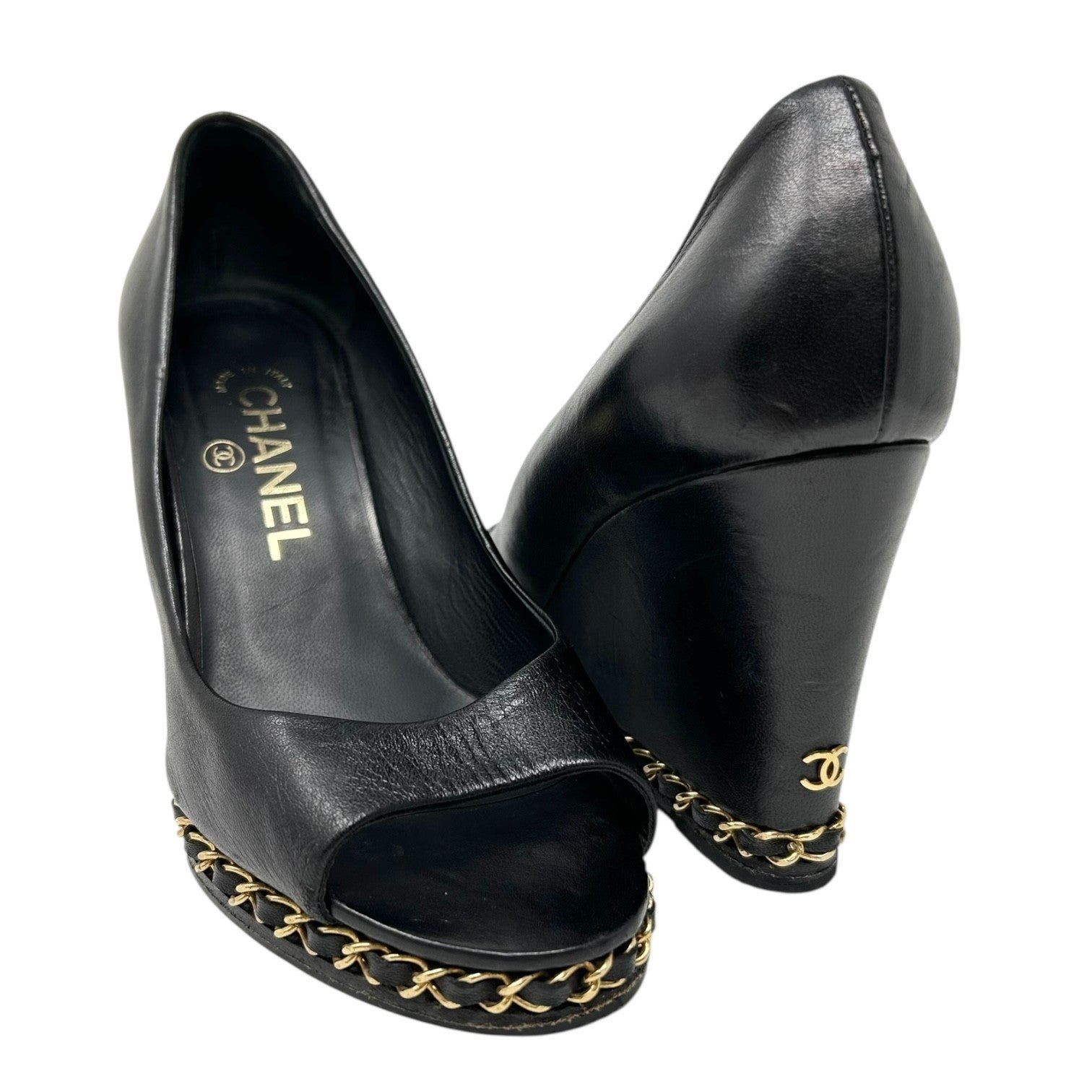 CHANEL Vintage CC Logo Open Toe Chain Sandals #37-37.5 Black Wedge Heels