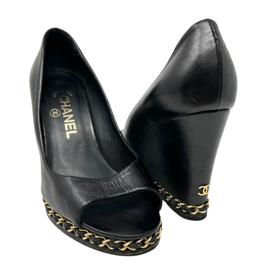 CHANEL Vintage CC Logo Open Toe Chain Sandals #37-37.5 Black Wedge Heels