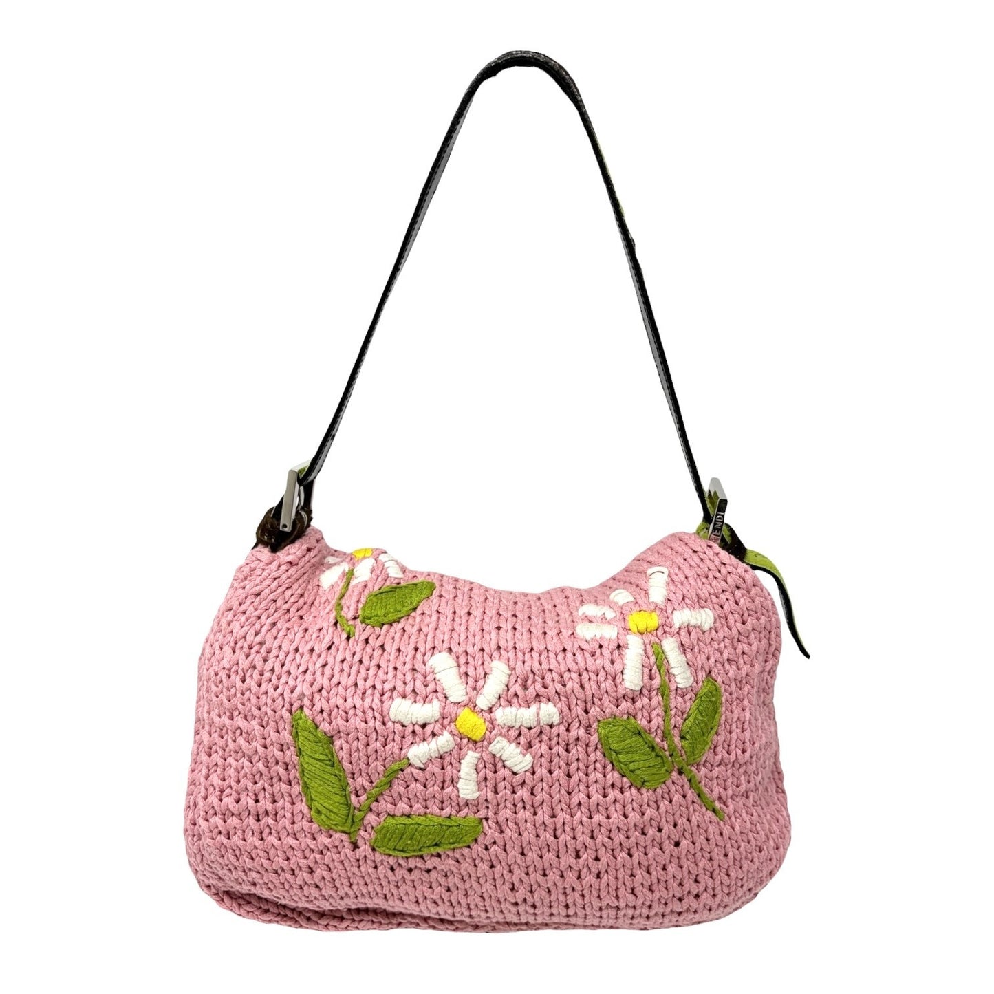 FENDI Vintage Mamma Baguette Crochet Shoulder Bag Flower Pink Wool 901957