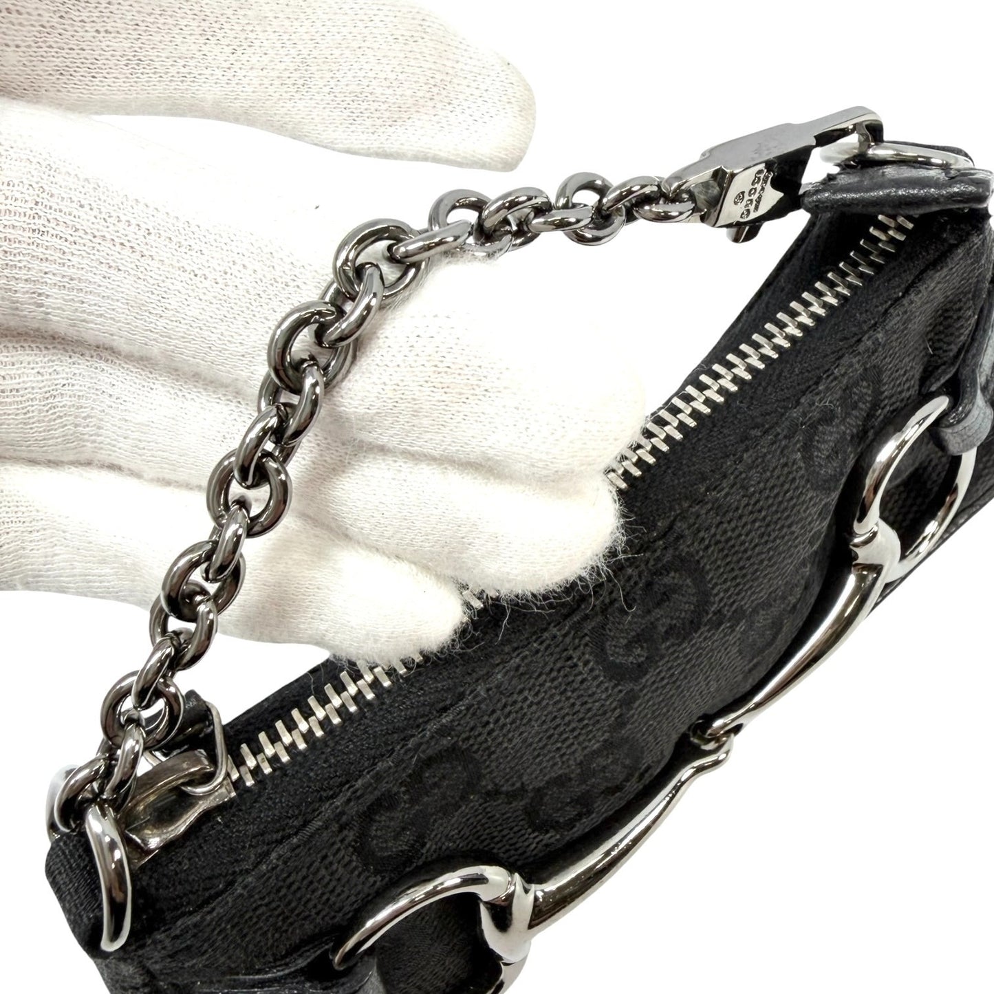 GUCCI Vintage GG Monogram Horsebit Micro Pouch Coin Purse Black Silver 902090