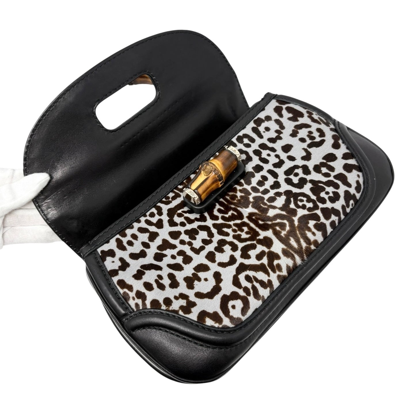 GUCCI Vintage Bamboo Leopard 2way Handbag Crossbody Bag Pony Calf Hair Gray