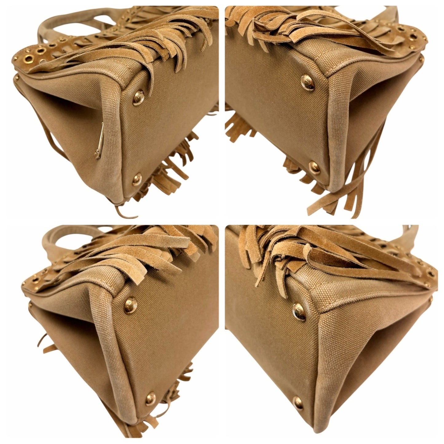 PRADA Vintage Logo Fringe Tote Bag Suede Canvas Brown Camel Gold 901835