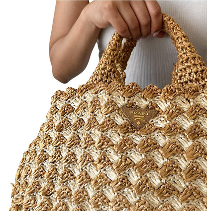 PRADA Vintage Triangle Logo Raffia Canapa Tote Bag Beige Cream Crochet 902066