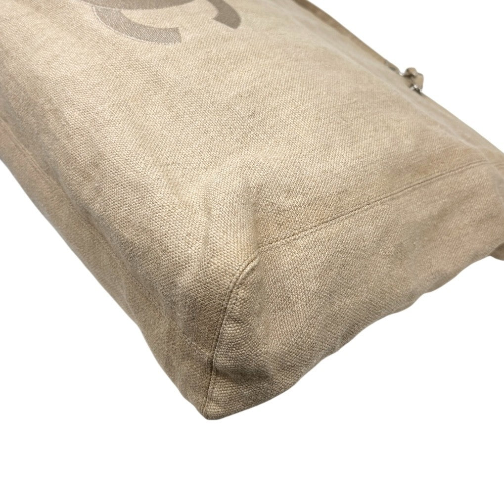 CHANEL Vintage CC Big Logo Shoulder Tote Large Bag Beige Canvas Linen Leather
