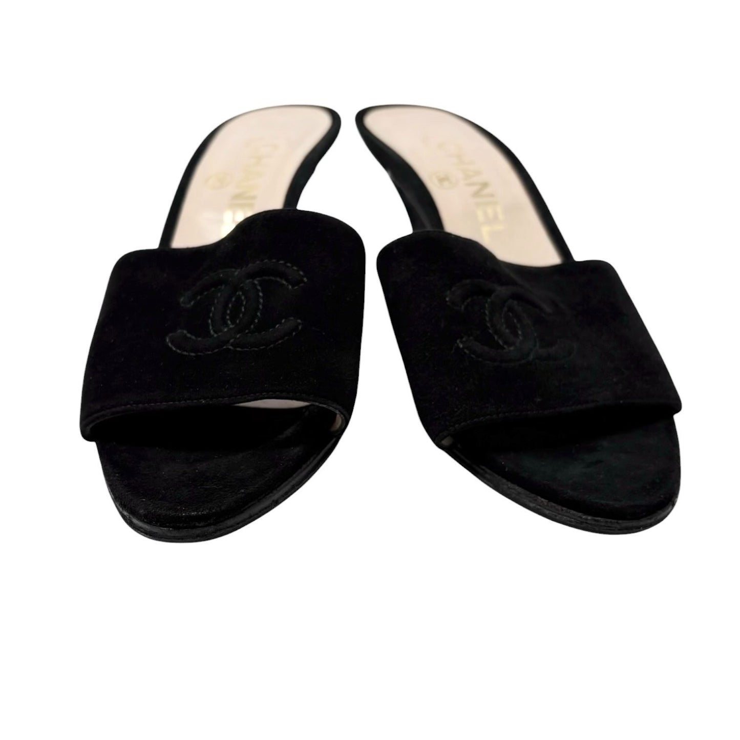 CHANEL Vintage CC Logo Suede Mule Sandals Heels #36 Black Beige 901813