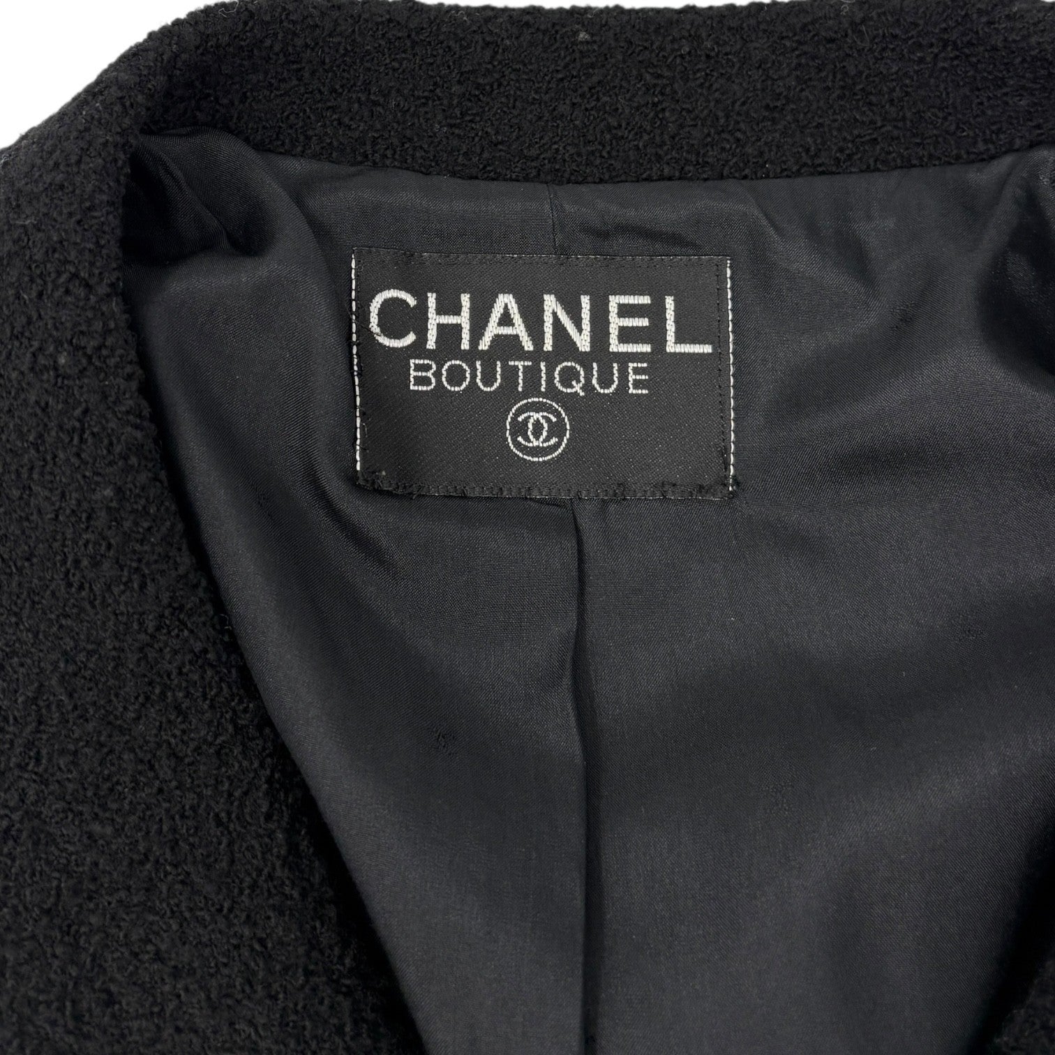 CHANEL Vintage CC Mark Logo Gold Button Jacket Black Wool Silk Pockets