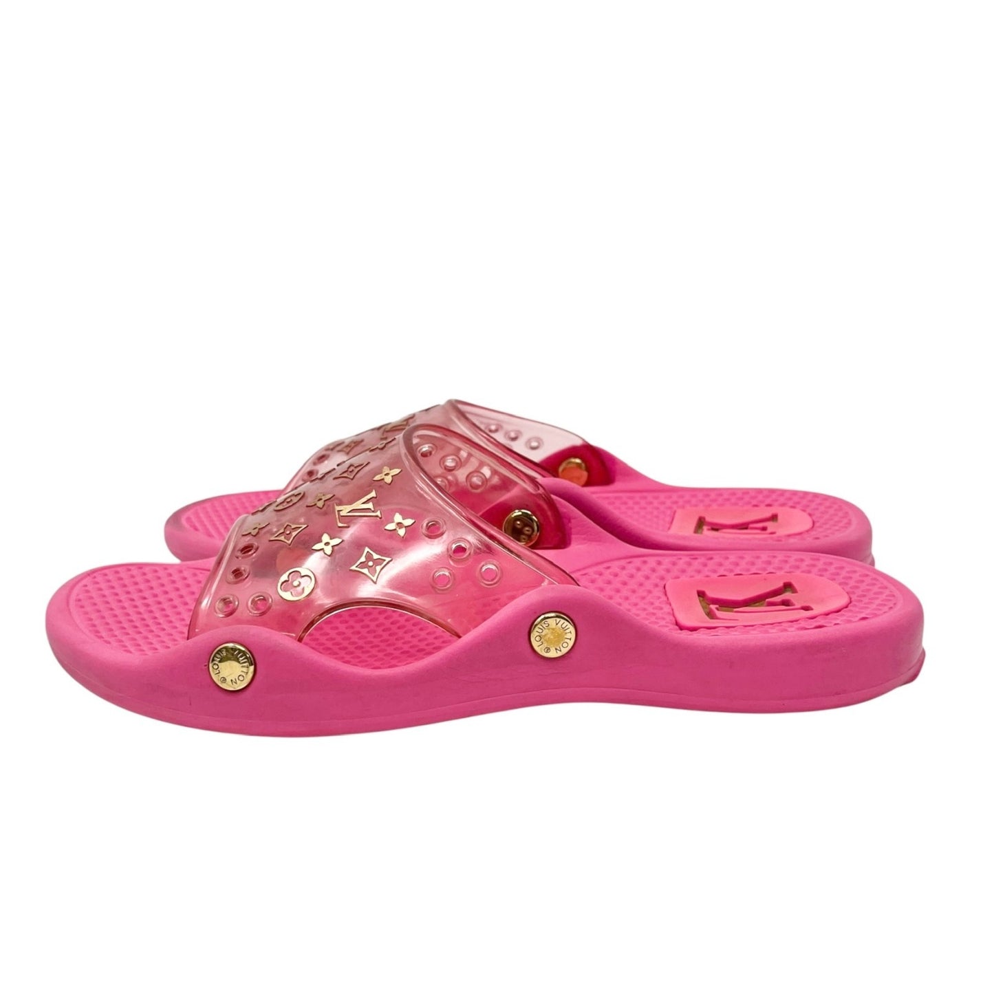 LOUIS VUITTON Vintage LV Monogram Logo Slide Sandals      37-37.5 Pink Gold Rubber