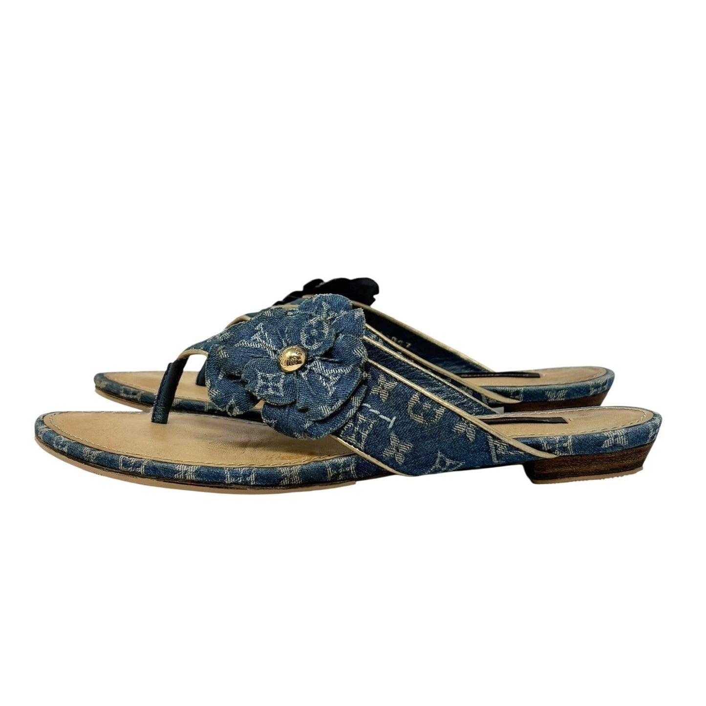 LOUIS VUITTON Vintage LV Monogram Denim Thong Sandals #37.5 Blue Gold Flower
