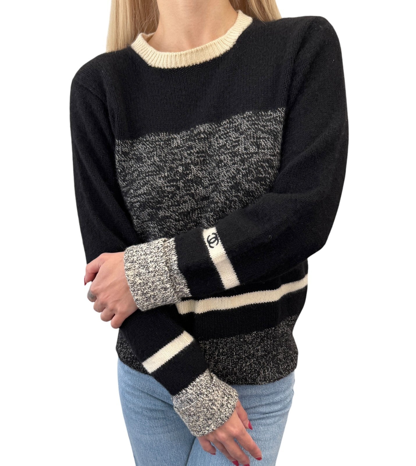 CHANEL Vintage 96A CC Logo Sweater #44 Knit Top Black Gray Cashmere Long Sleeve