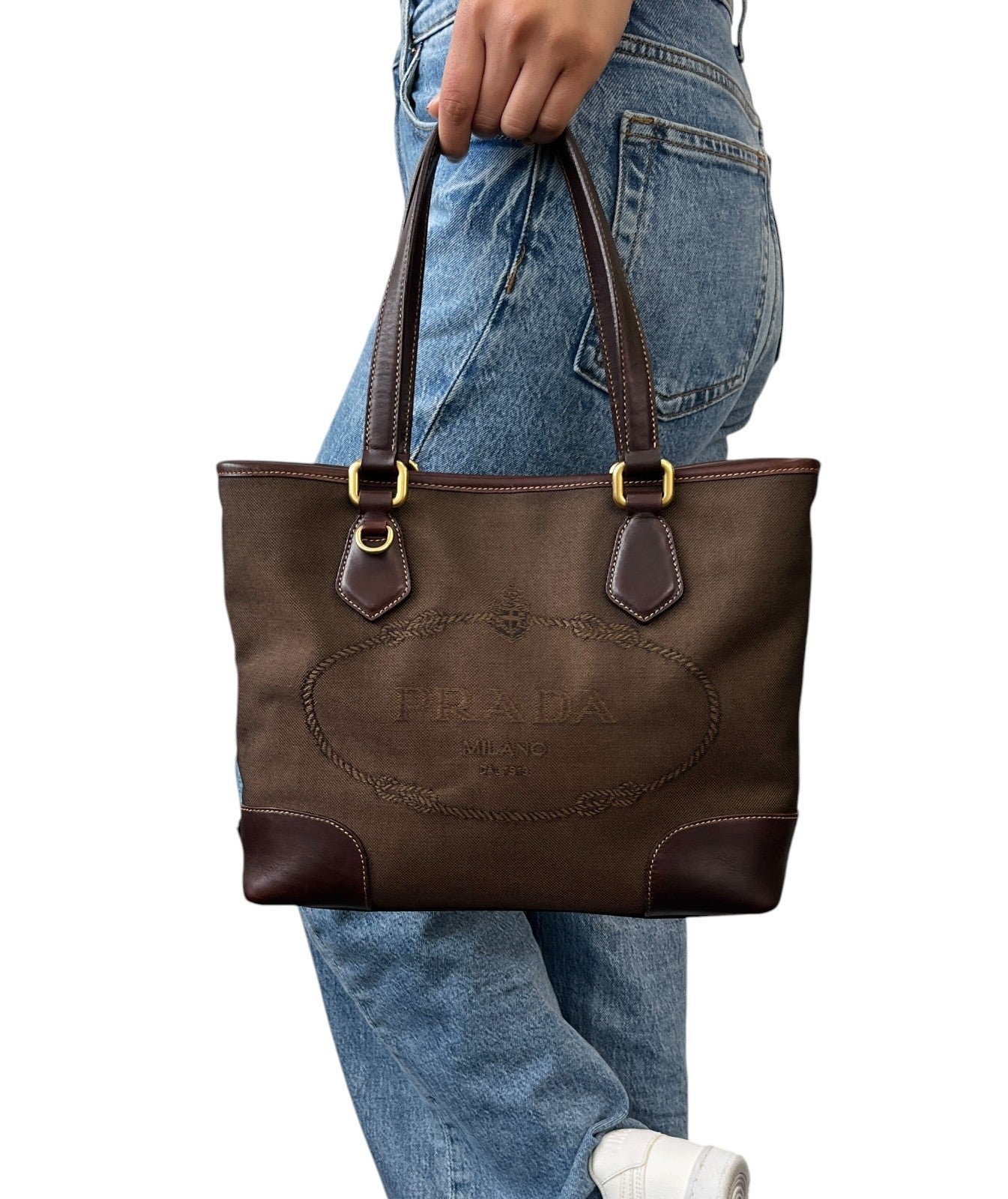 PRADA Vintage Triangle Logo Milano Jacquard Canvas Shoulder Tote Bag Brown Gold