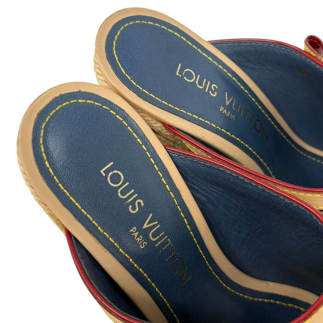 LOUIS VUITTON Vintage Monogram LV Logo Denim Sandals Heels #37.5 Blue Leather