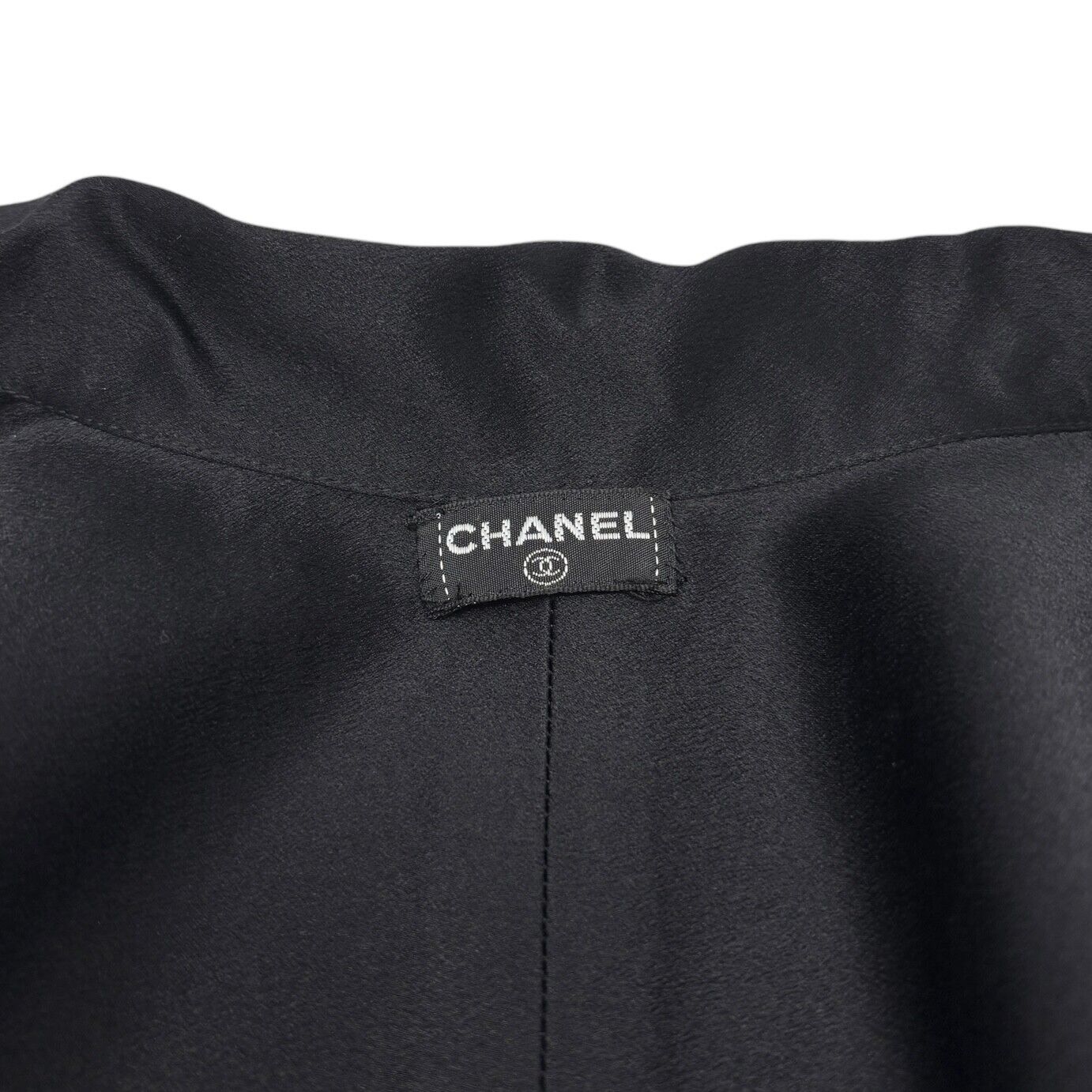 CHANEL Vintage CC Logo Silk Shirt Top Blouse Gold Button Black Silk Long Sleeve