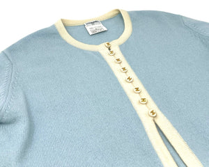 CHANEL Vintage 96C CC Logo Knit Cardigan #40 Sweater Light Blue Cashmere