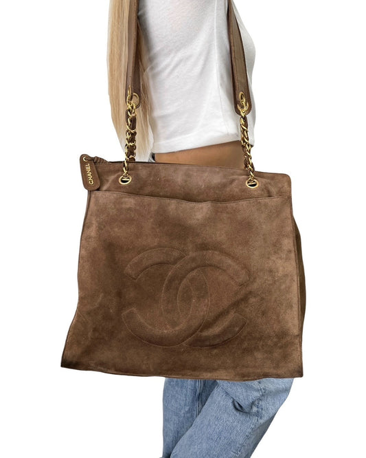 CHANEL Vintage Stitch CC Logo Suede Chain Tote Shoulder Bag Brown 902376