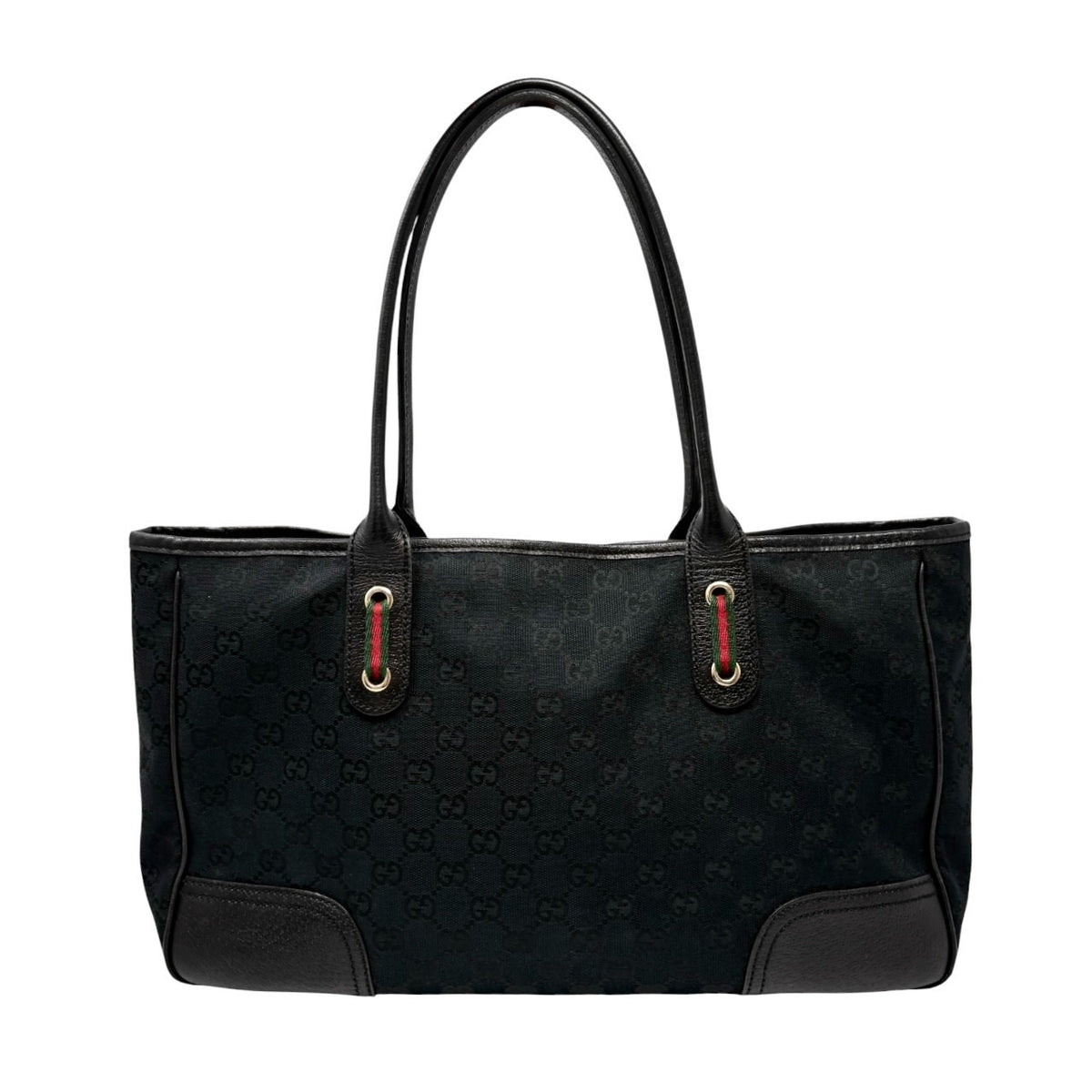 GUCCI Vintage GG Monogram Web Stripe Ribbon Tote Shoulder Bag Black 902464