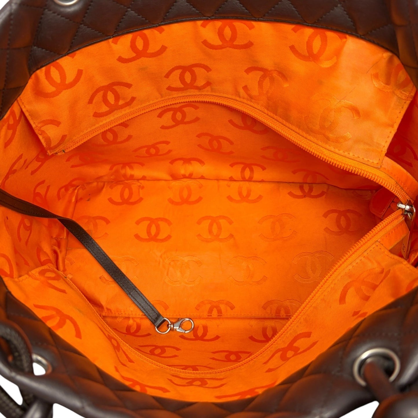 CHANEL Vintage Cambon Line CC Logo Quilted Tote Bag Brown Beige Leather