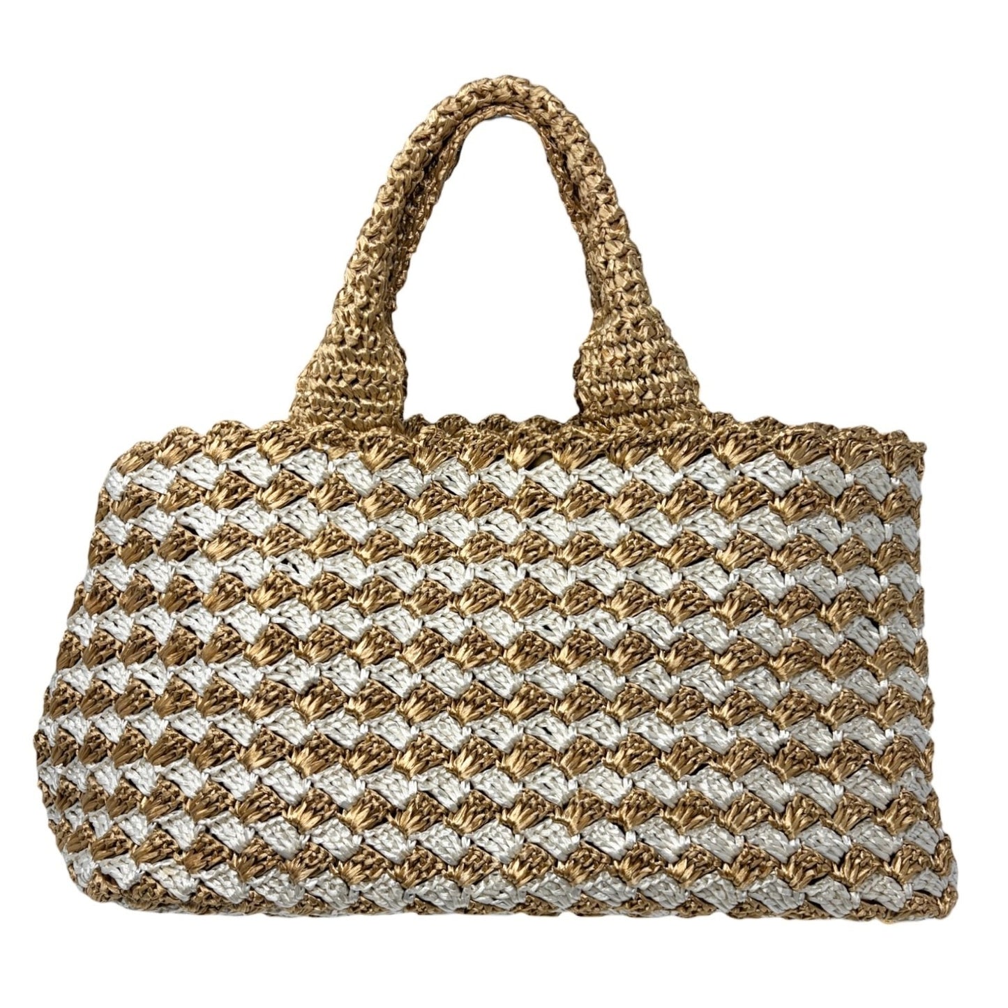 PRADA Vintage Triangle Logo Raffia Canapa Tote Bag Beige White Crochet