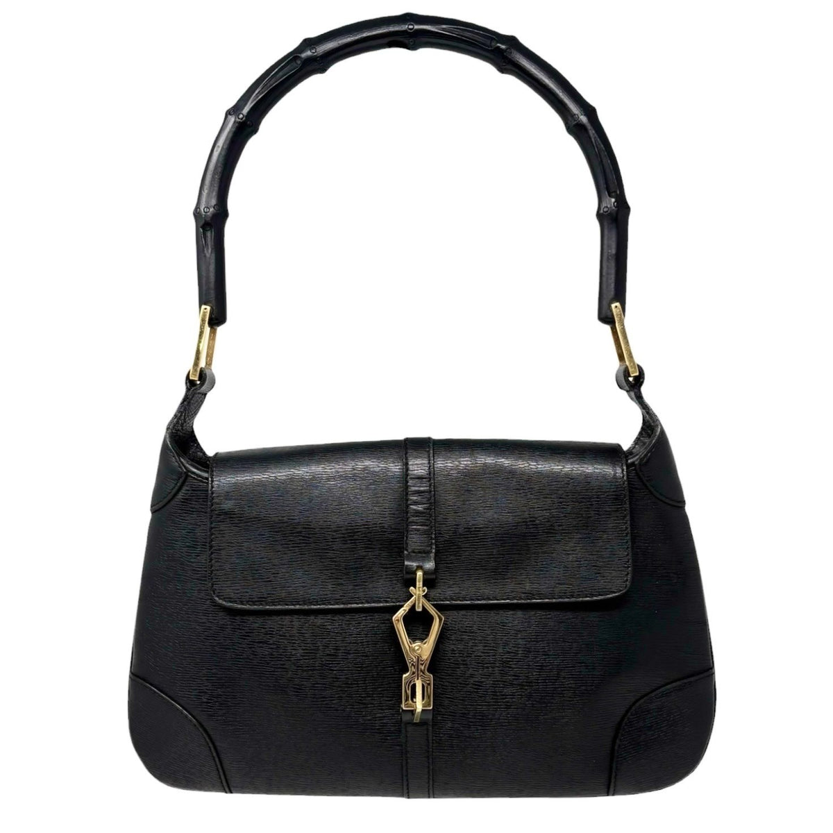 GUCCI Vintage Bamboo Jackie Shoulder Top Handle Bag Black Gold Leather 902332