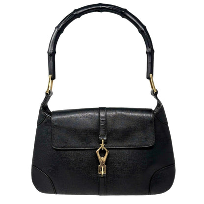 GUCCI Vintage Bamboo Jackie Shoulder Top Handle Bag Black Gold Leather 902332