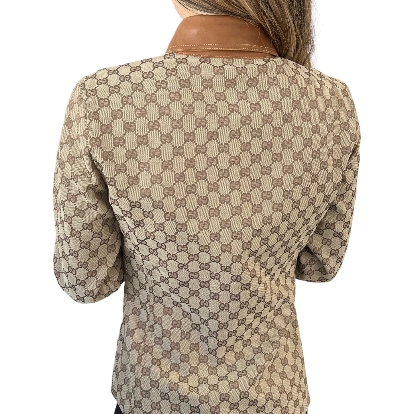 GUCCI Vintage GG Monogram Logo Shirt Jacket Top #38 Beige Brown Canvas Leather