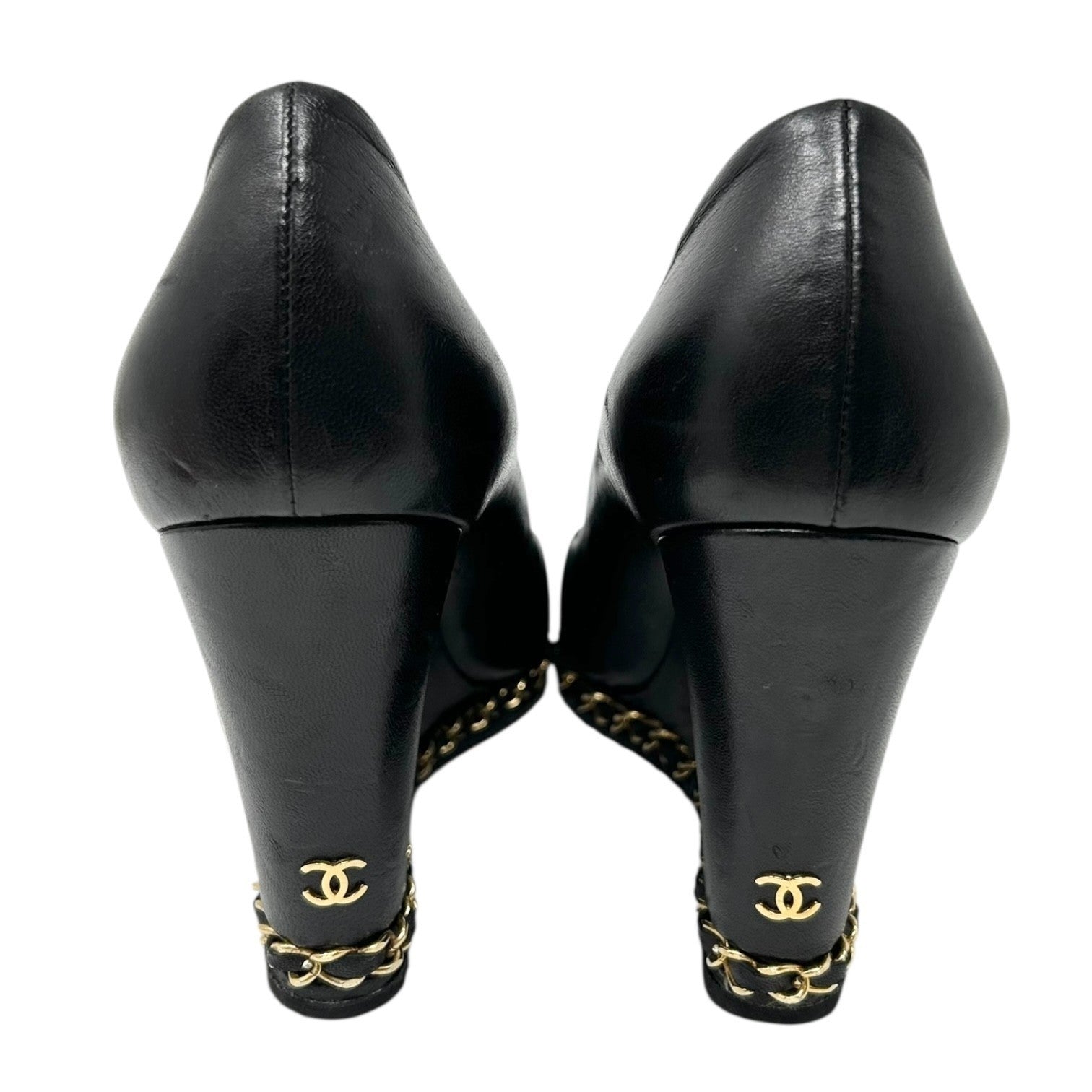 CHANEL Vintage CC Logo Open Toe Chain Sandals #37-37.5 Black Wedge Heels