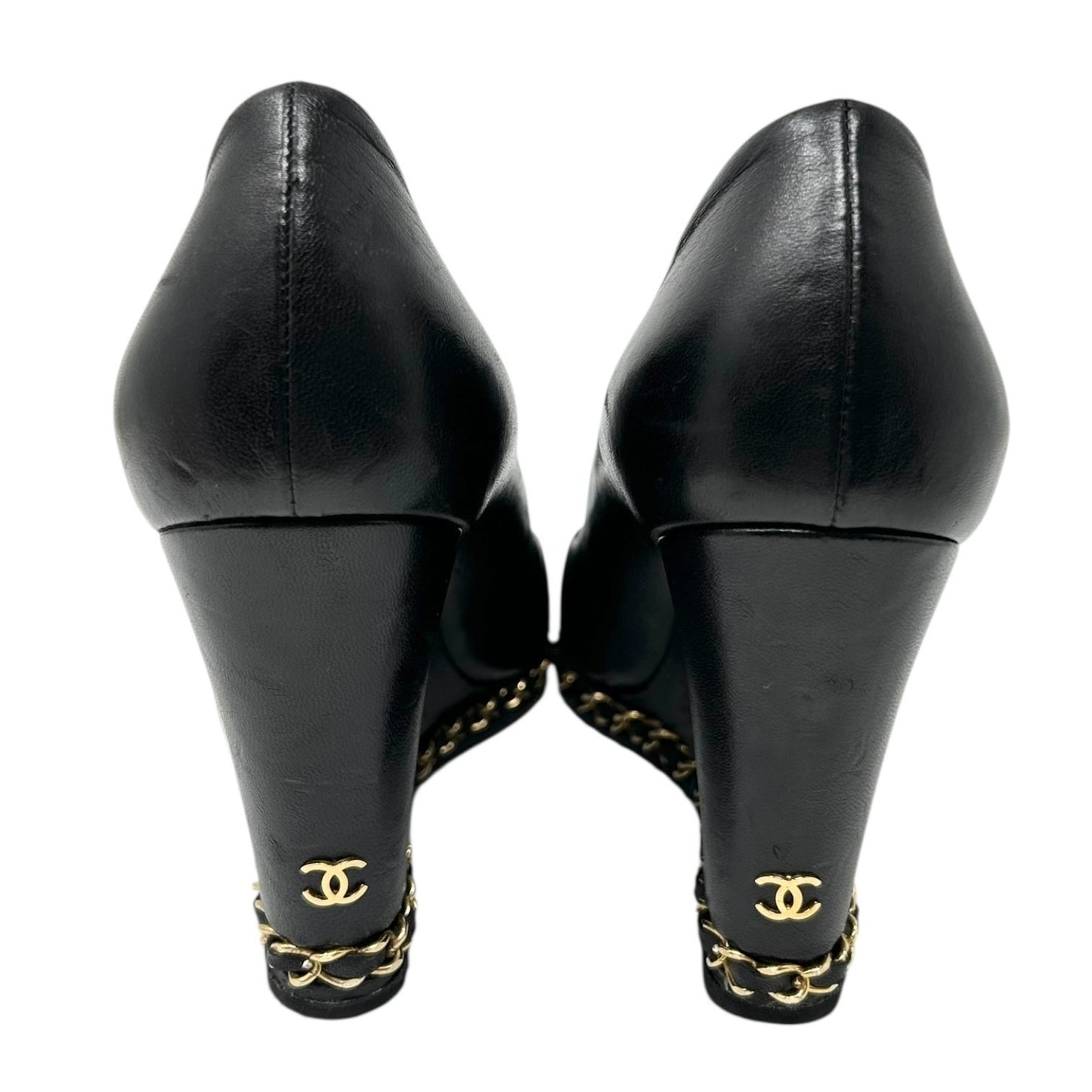 CHANEL Vintage CC Logo Open Toe Chain Sandals #37-37.5 Black Wedge Heels