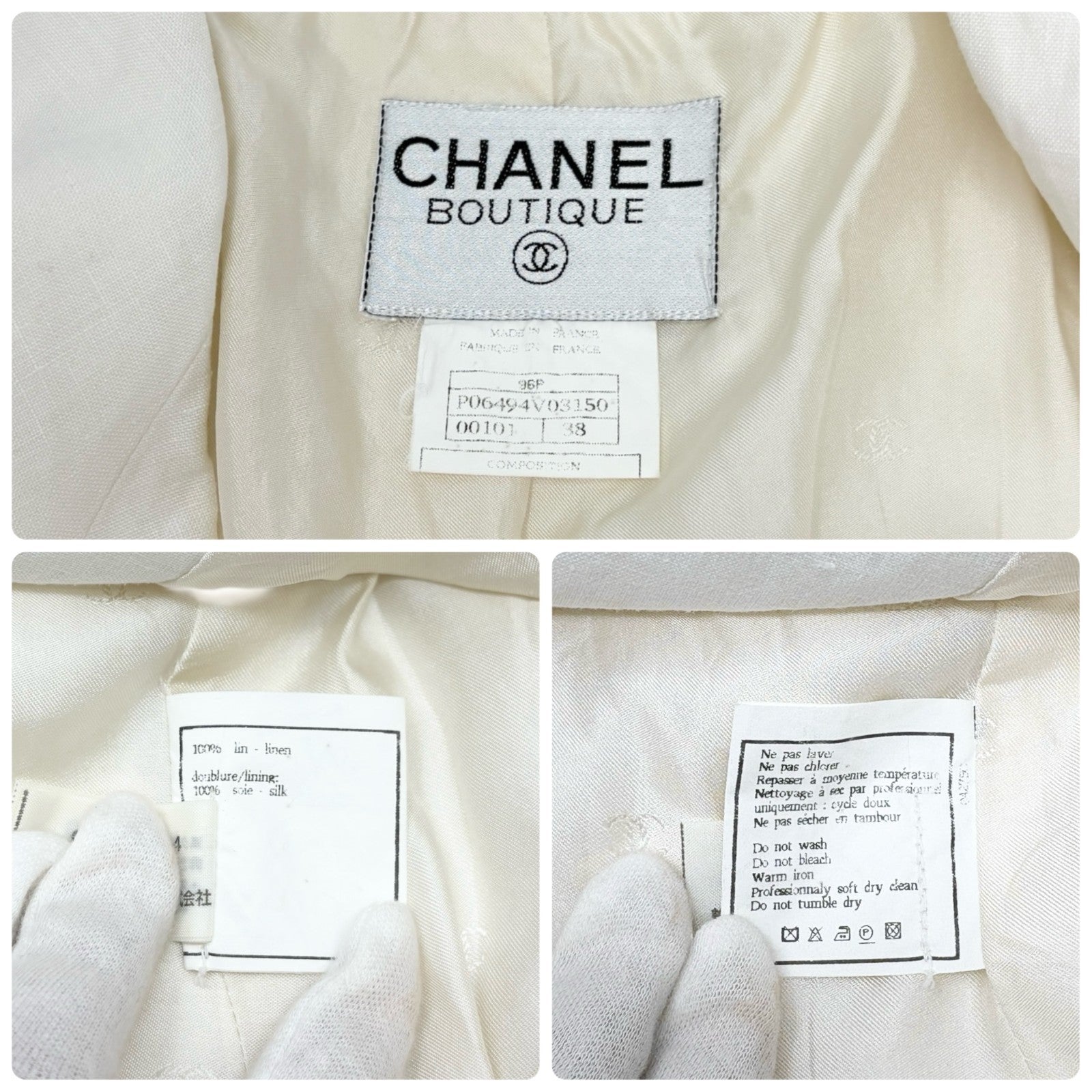 CHANEL Vintage 96P CC Mark Logo Jacket Silver Button #38 White Linen Silk
