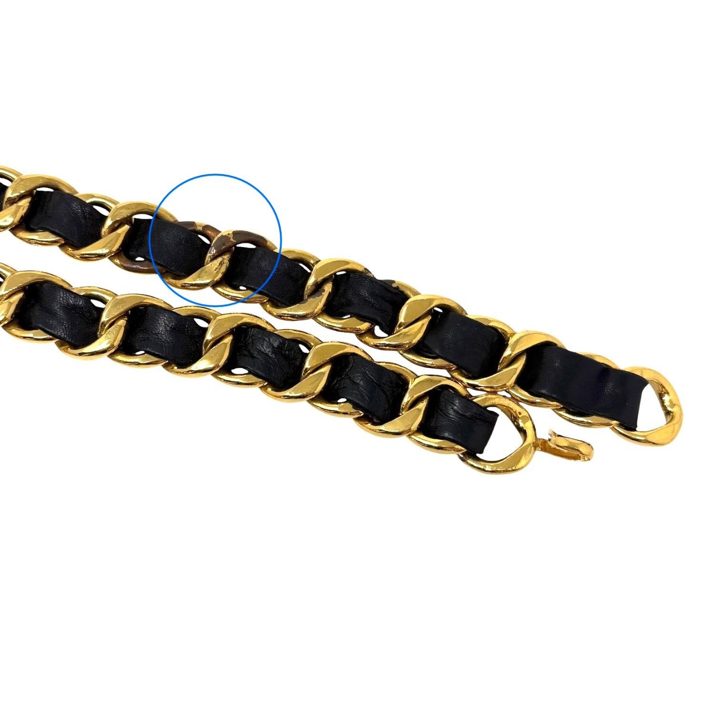CHANEL Vintage CC Logo Chain Belt Accessory Gold Black Metal Leather 901898