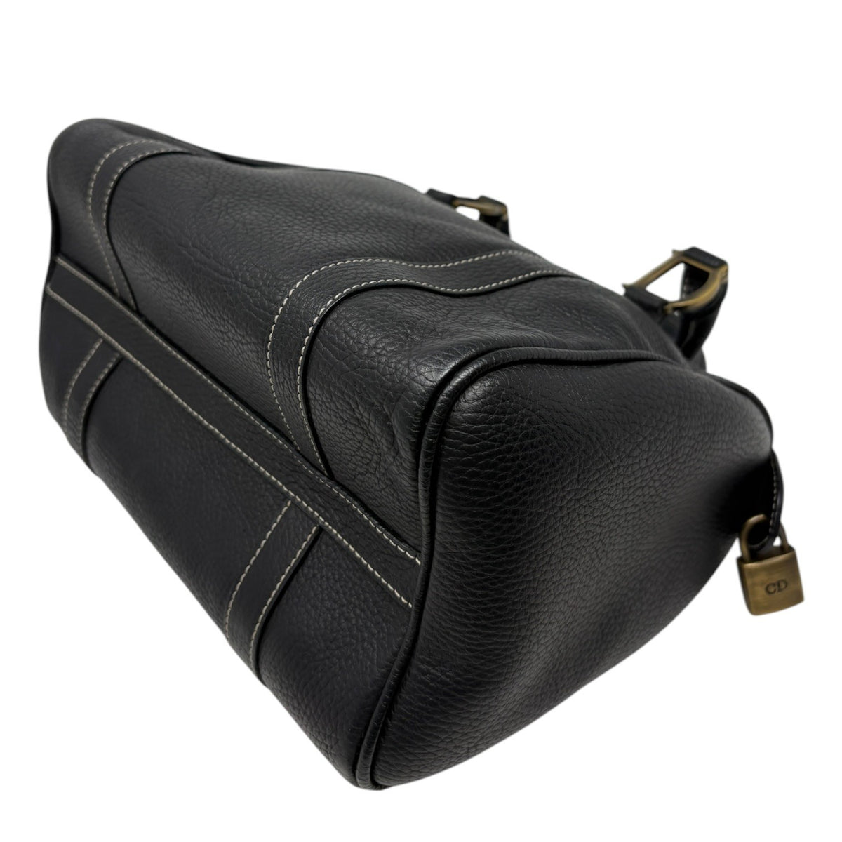 Christian Dior Vintage Padlock Double Handle Bag Handbag Black Leather 902348
