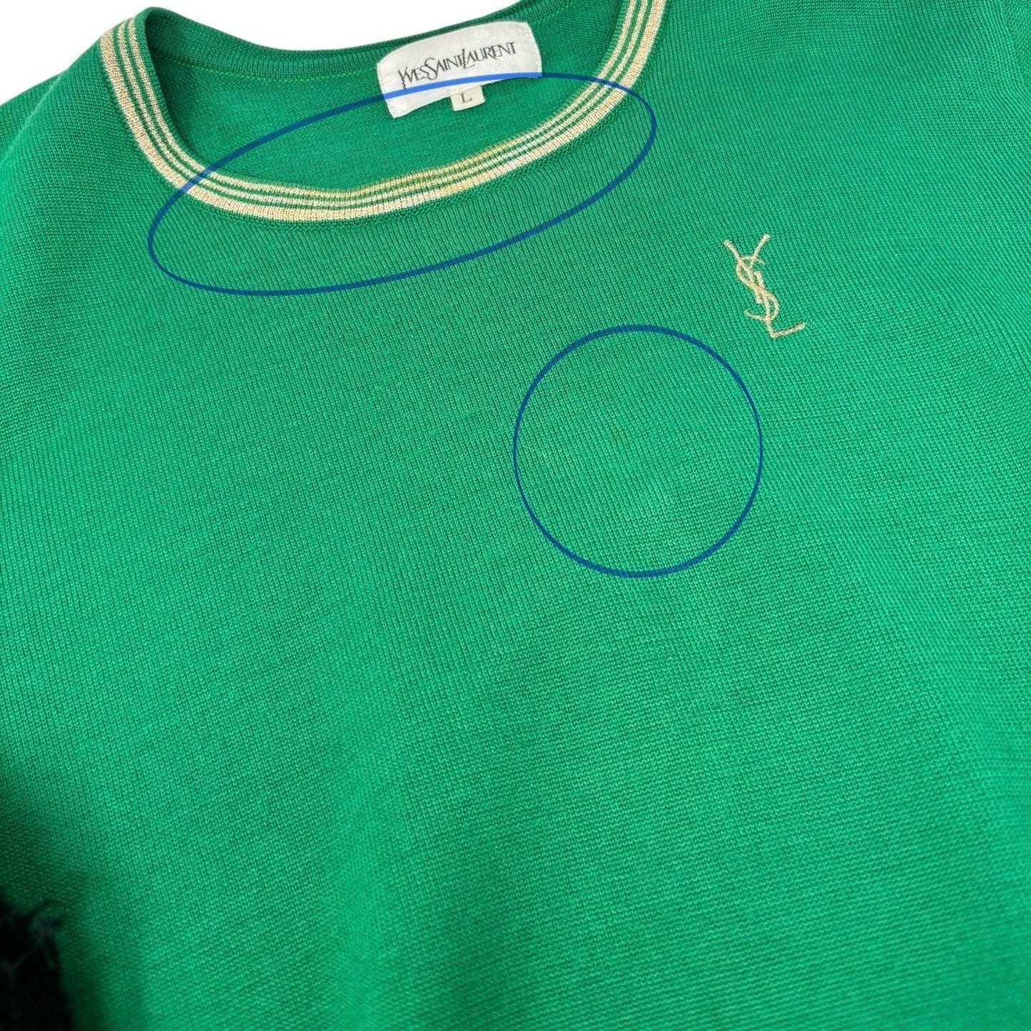 Yves Saint Laurent Vintage YSL Logo Knit Sweater Top #L Pullover Green Gold