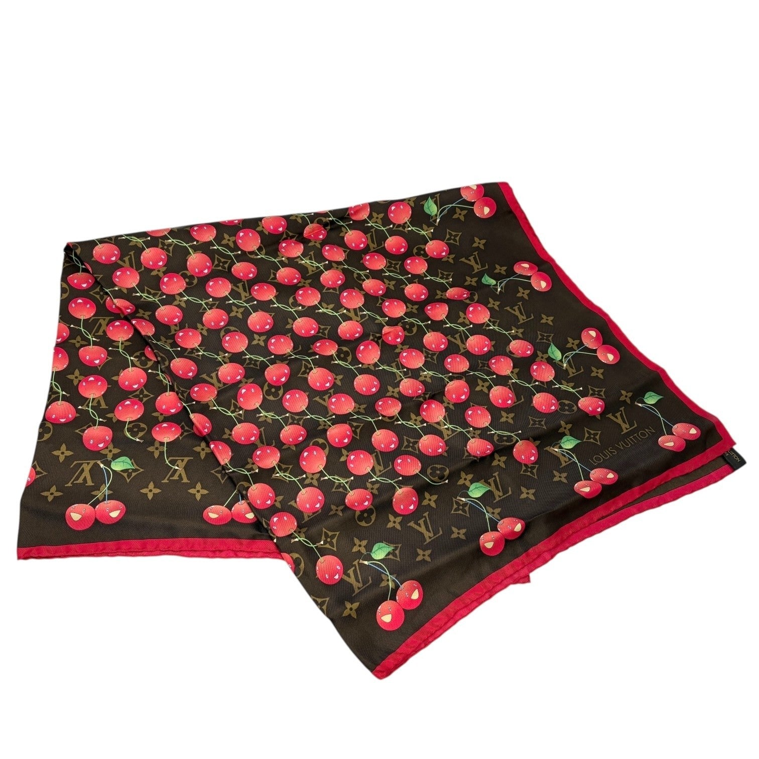 LOUIS VUITTON Vintage LV Logo Monogram Cherry Scarf Brown Red Silk Murakami