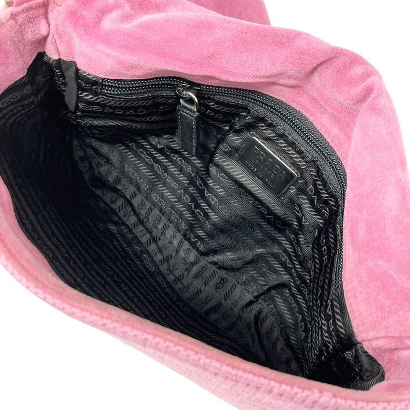 PRADA Vintage Logo Knit Shoulder Bag Pink Silver Cotton Nylon Zip