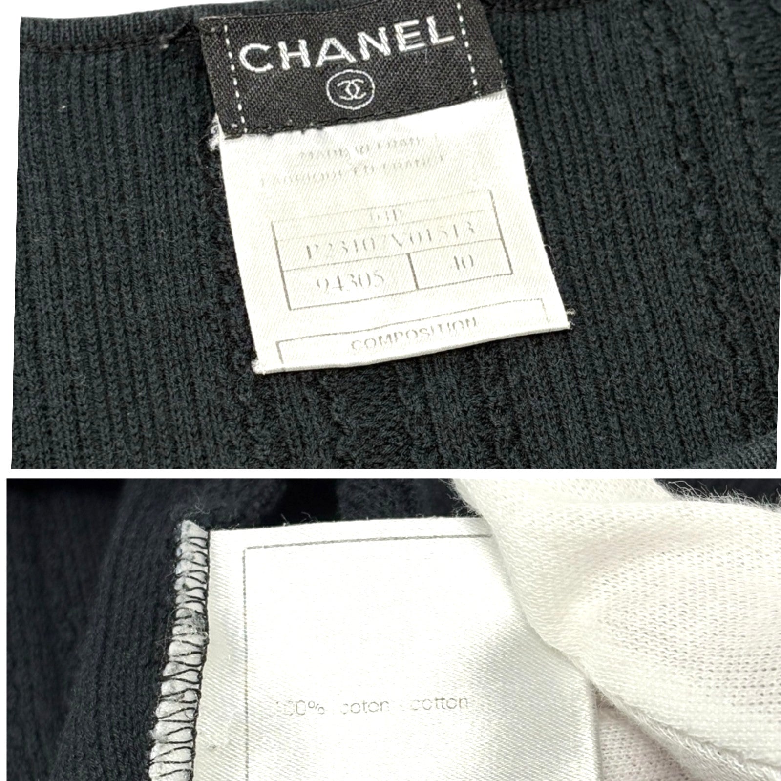 CHANEL Vintage 04P CC Logo Knit Top T-shirt #40 Black Cotton See-throgh Mesh