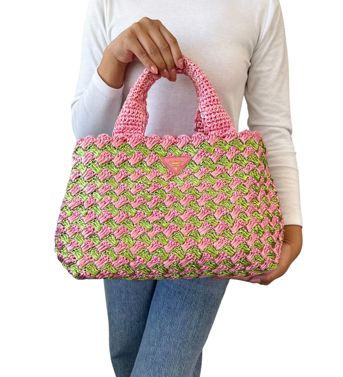 PRADA Vintage Logo Raffia Mini Tote Bag Pink Green Polyethylene Snap Button