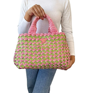 PRADA Vintage Logo Raffia Mini Tote Bag Pink Green Polyethylene Snap Button