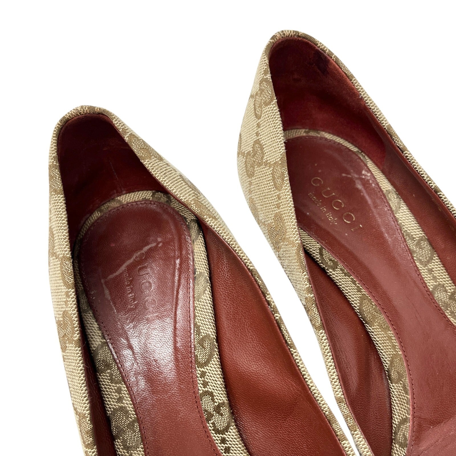 GUCCI Vintage GG Monogram Logo Sandals Heels #36.5 Beige Red Canvas Leather