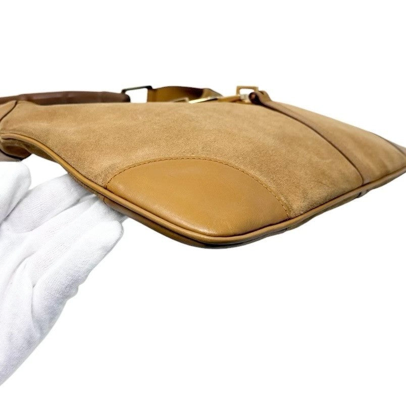 Gucci Vintage Bamboo Handle Hobo Shoulder Bag Beige Gold Suede Leather 902823