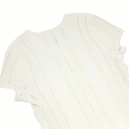 CHANEL Vintage 03P CC Logo Stripe Knit Rib T-shirt Top #42 White Cotton 902038