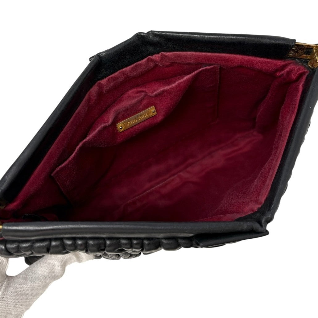 Miu Miu Vintage Logo Gather Clutch Bag Handbag Matelasse Gold Black Leather