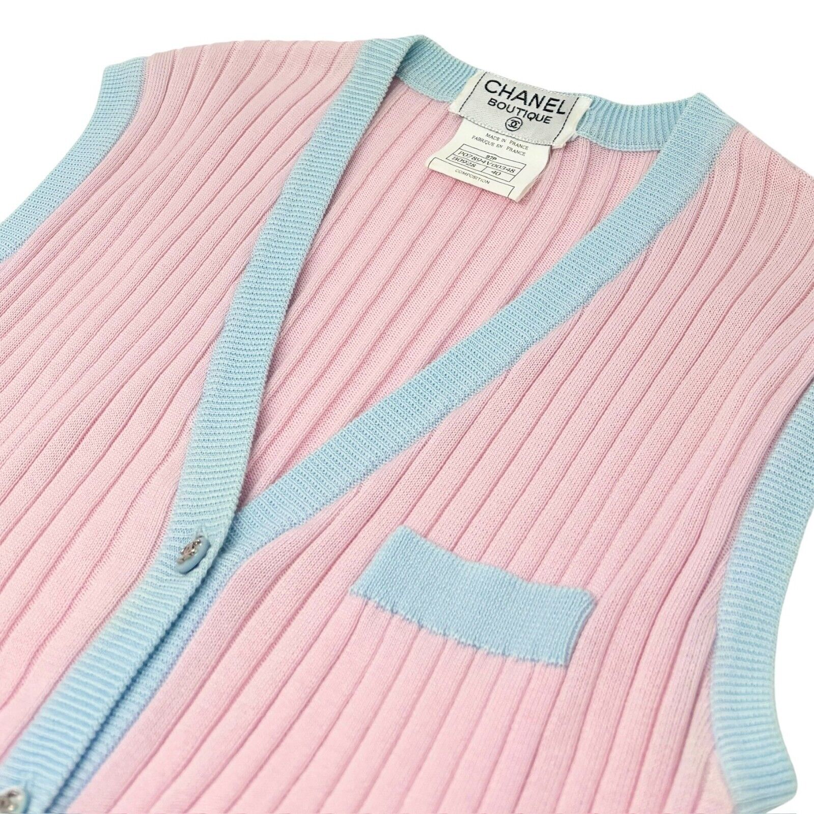 CHANEL Vintage 97P CC Logo Rib Knit Vest #40 Top Pink Blue Cotton Rank AB