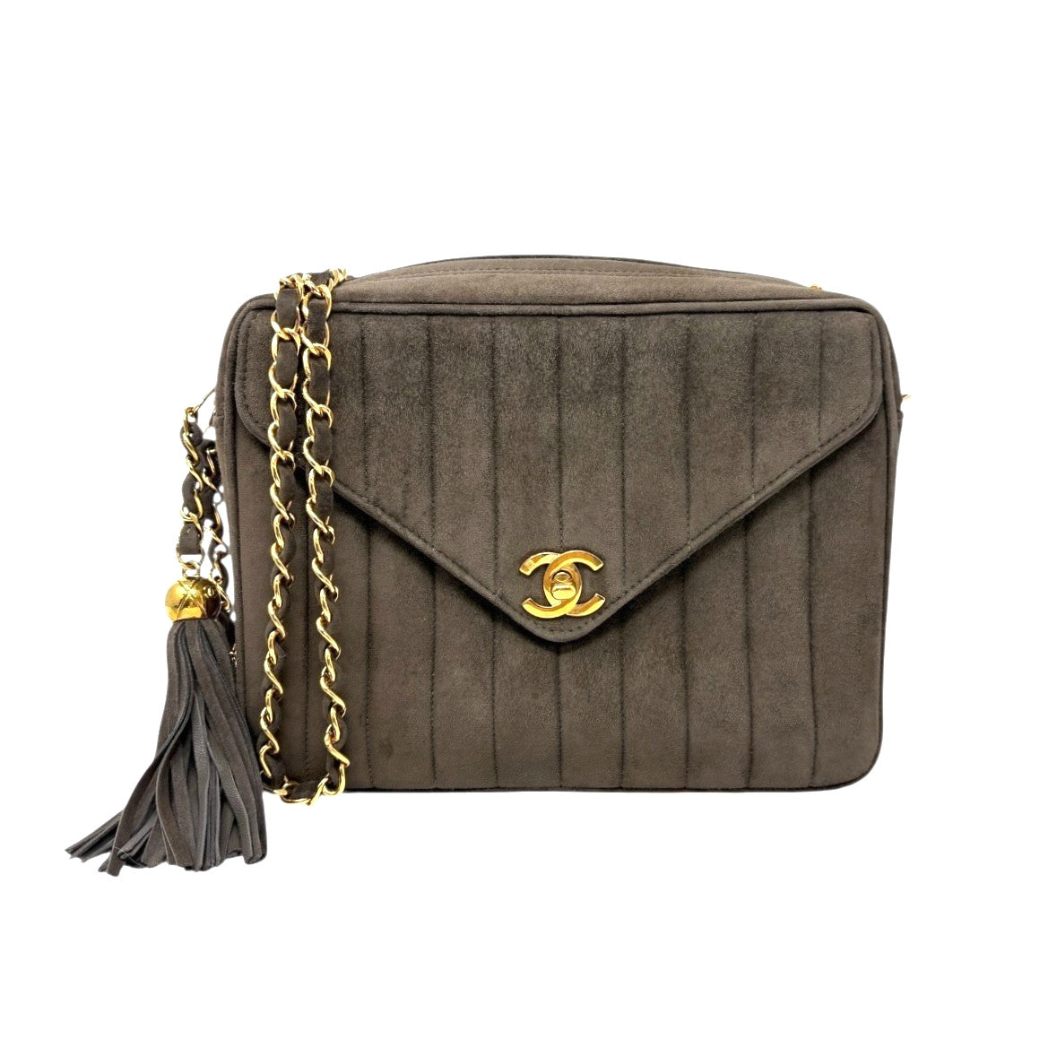 CHANEL Vintage CC Logo Quilted Fringe Chain Shoulder Bag Khaki Gold Suede
