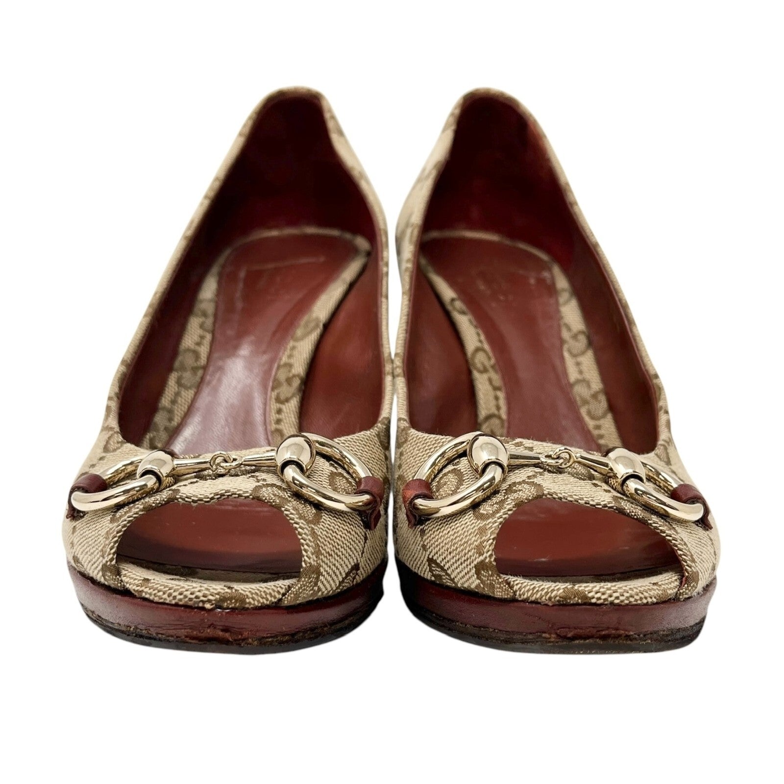 GUCCI Vintage GG Monogram Logo Sandals Heels #36.5 Beige Red Canvas Leather