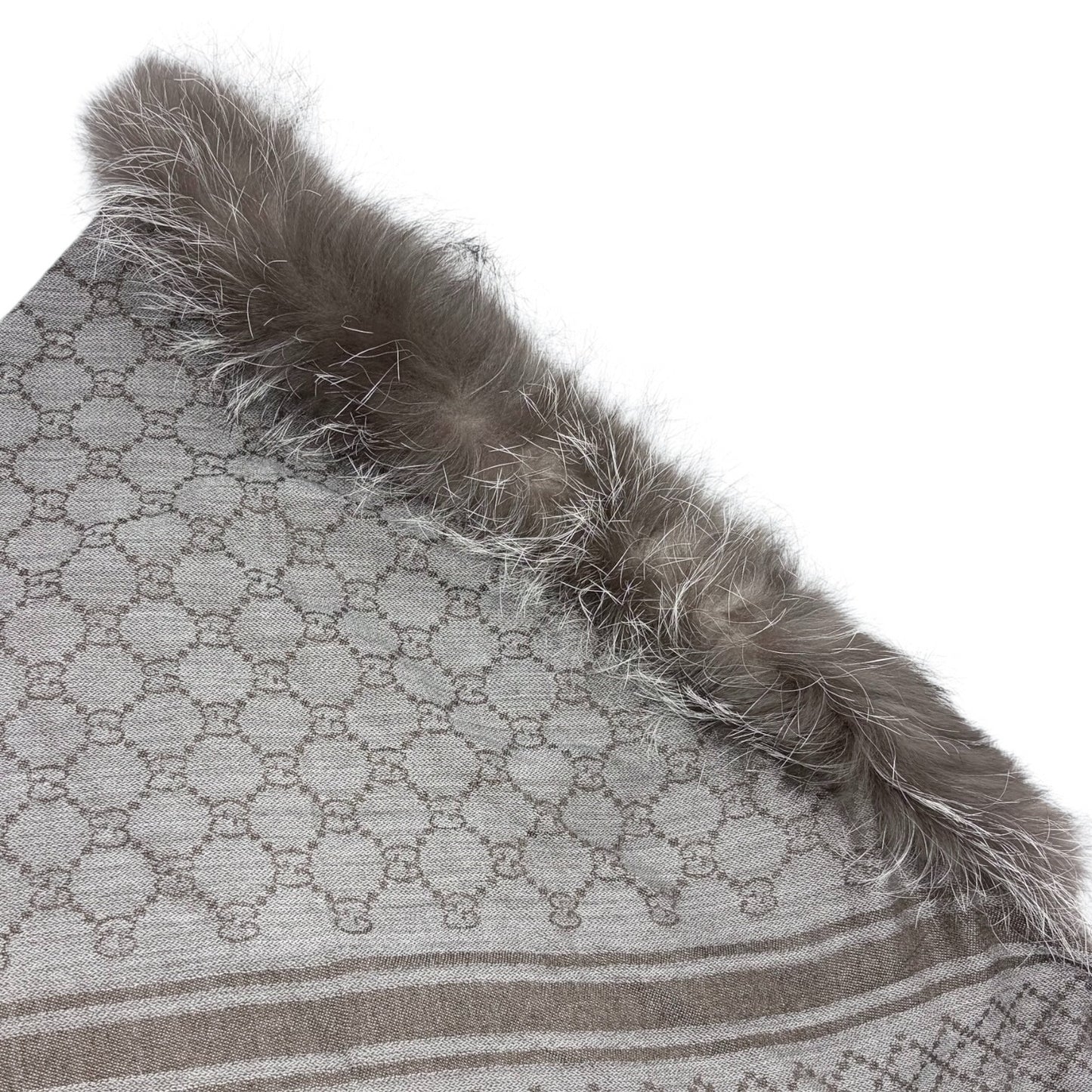 GUCCI Vintage GG Logo Monogram Fox Fur Shawl Scarf Wrap Gray Brown Wool 902253
