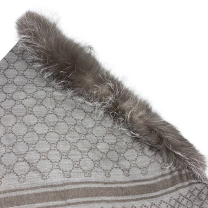 GUCCI Vintage GG Logo Monogram Fox Fur Shawl Scarf Wrap Gray Brown Wool 902253