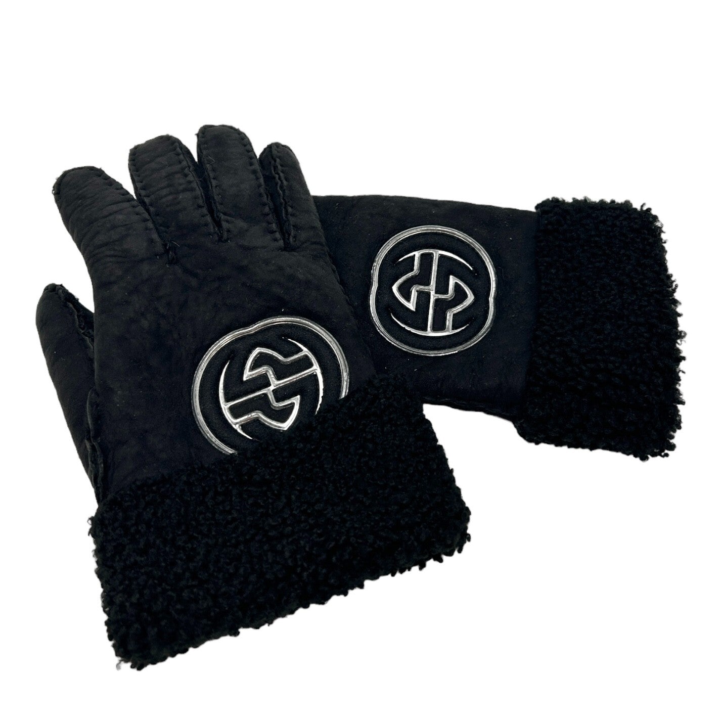 GUCCI Vintage GG Interlocking Logo Gloves #7.5 Black Silver Leather RankAB