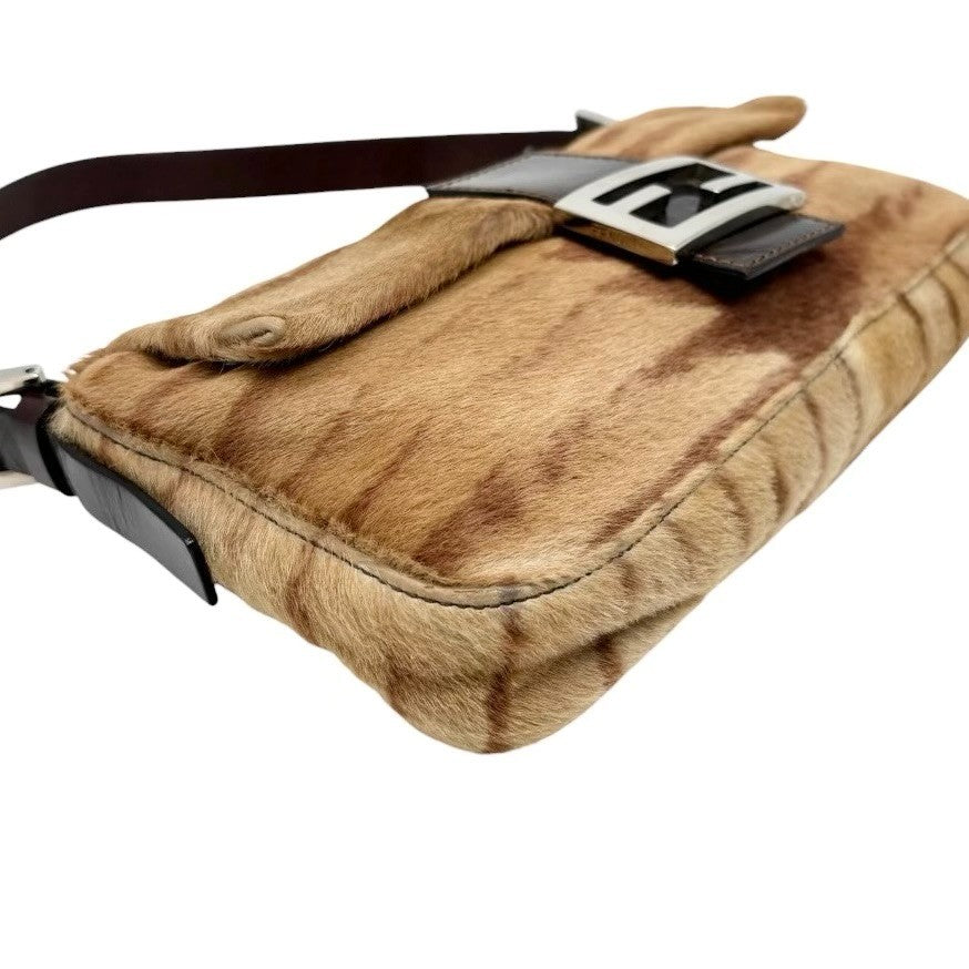FENDI Vintage Mamma Baguette Pony Calf Hair Shoulder Bag Brown Beige 901889