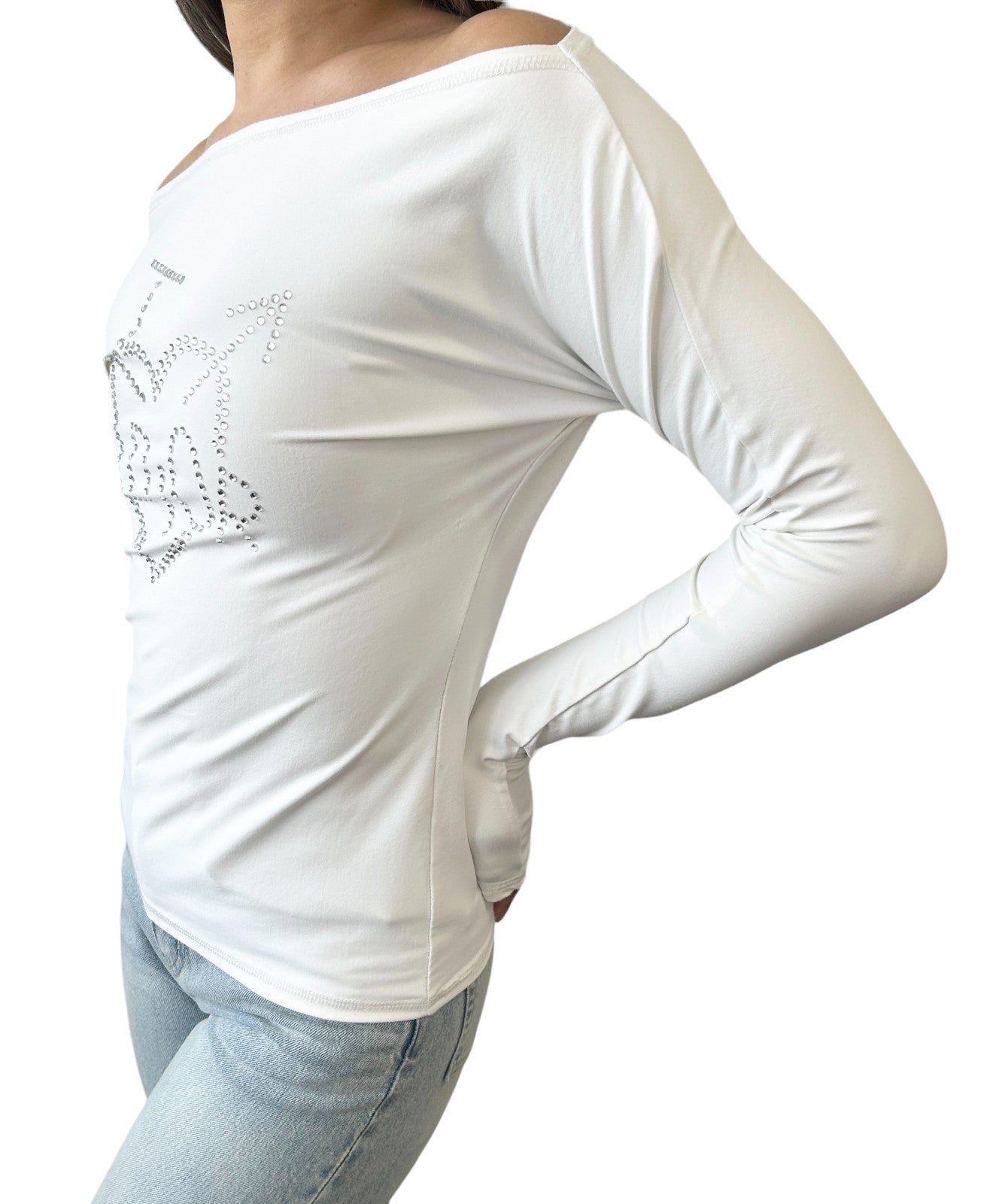 Christian Dior Vintage I Love Logo Rhinestone Top Off Shoulder #38 White Nylon
