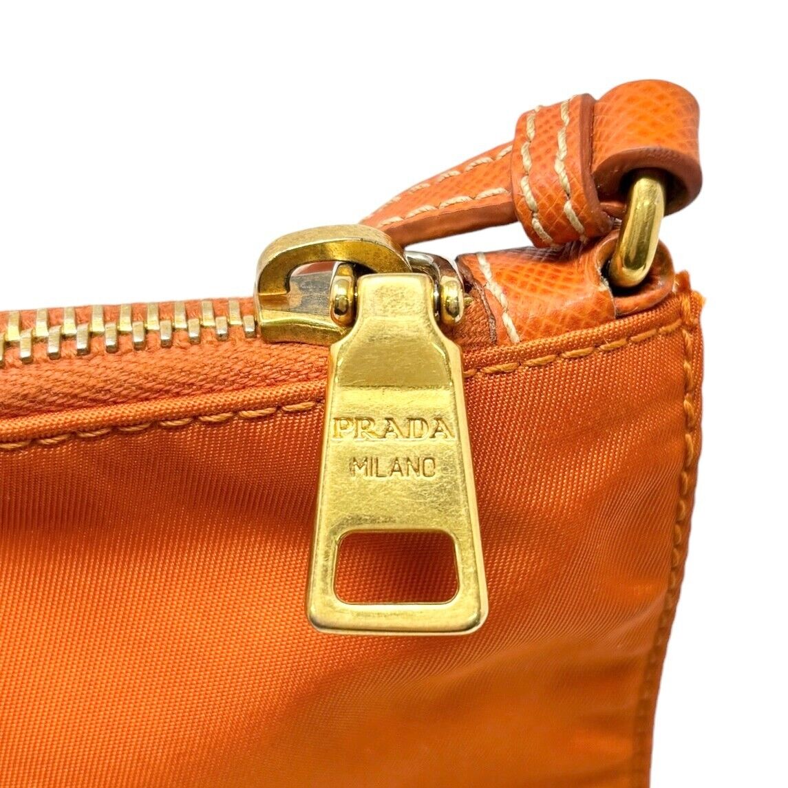 PRADA Vintage Logo Mini Shoulder Bag Pochette Pouch Orange Nylon Zip Leather