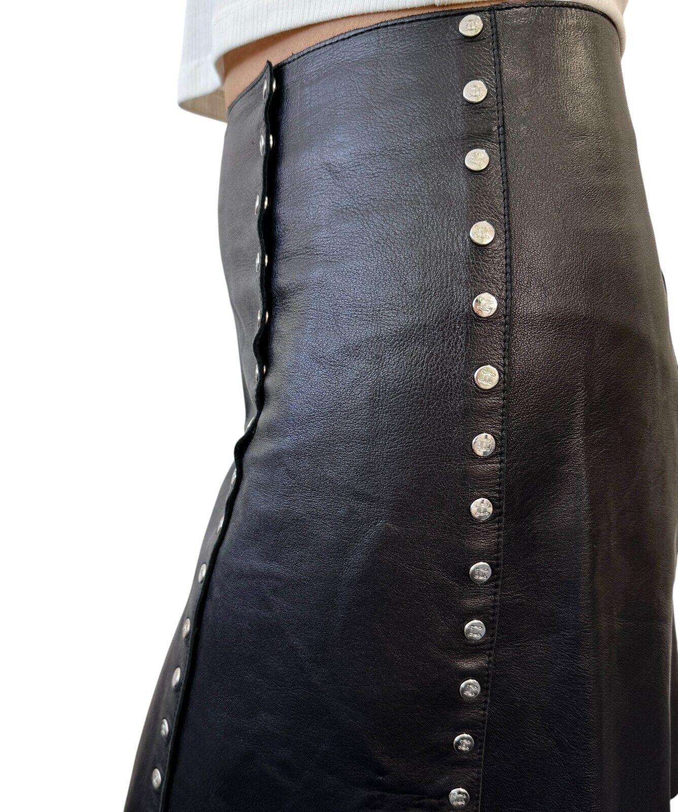 CELINE Vintage Macadam Logo Button Mini Skirt #38 Black Silver Leather