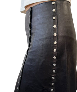 CELINE Vintage Macadam Logo Button Mini Skirt #38 Black Silver Leather